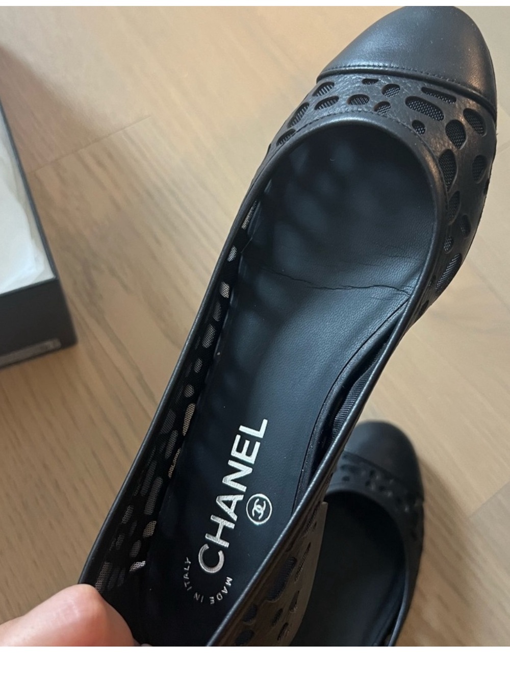 CHANEL Black Perforated Cap-Toe Leather Ballet Flats - Picture 6 of 10